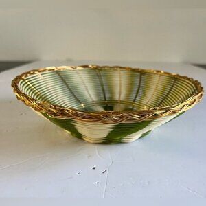 Vintage Woven Green and White Basket Bowl with Gold-Tone Trim – Decorative MCM